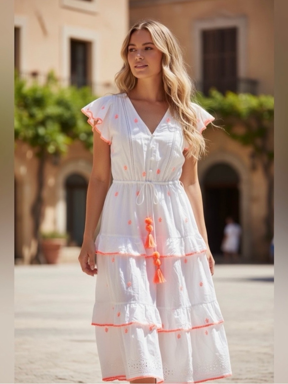 J. Crew Boho Embroidered White Tiered Dress Coral Tassels Cottagecore